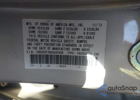 2014 Honda Accord Lx из США, поврежденный, VIN 1HGCR2F36EA082996